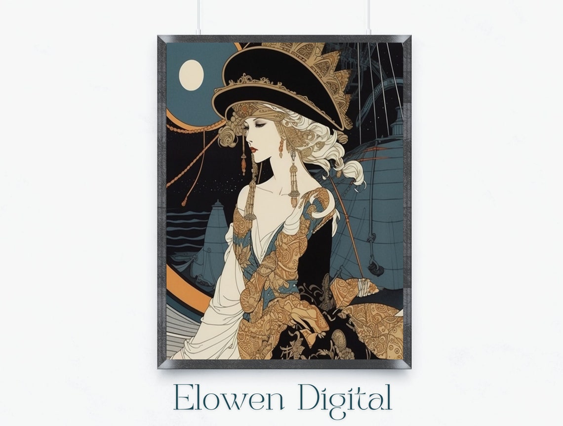 Art Deco Woman In Ornate Hat And Gold Gown Under Night Moon Poster