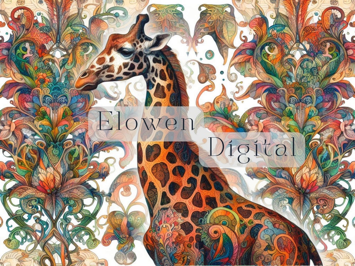 Giraffe Portrait with Vibrant Rainbow Paisley Floral Background Poster - Image 6