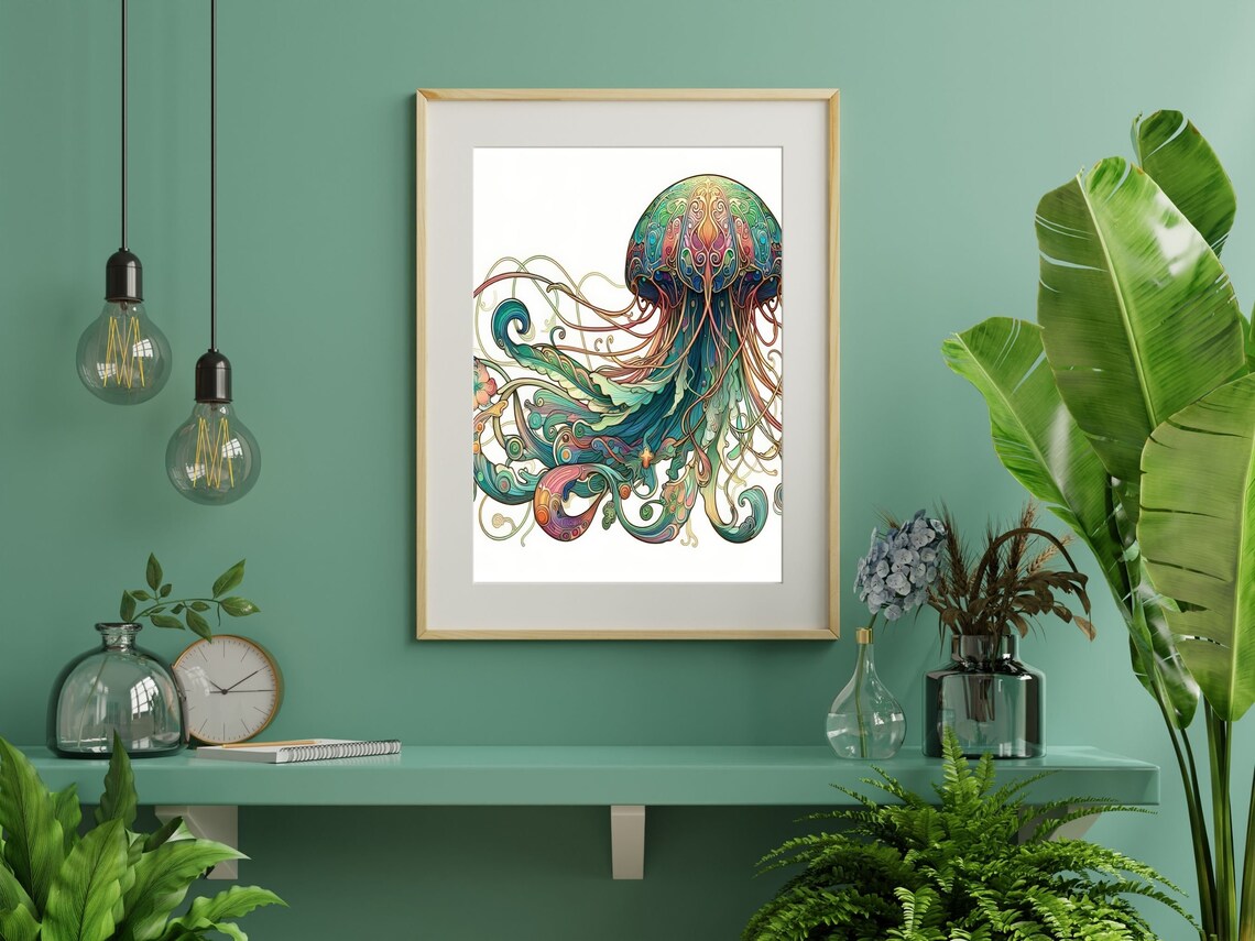 Colorful Art Nouveau Jellyfish Illustration On White Background Poster