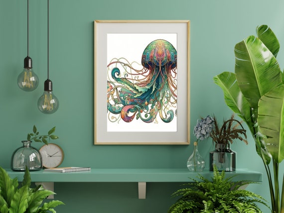 Art Nouveau Colorful Jellyfish Poster Funky Art Jellyfish Prints Whimsical Decor Jellyfish Bathroom Wall Decor Jellyfish Kitchen Decor