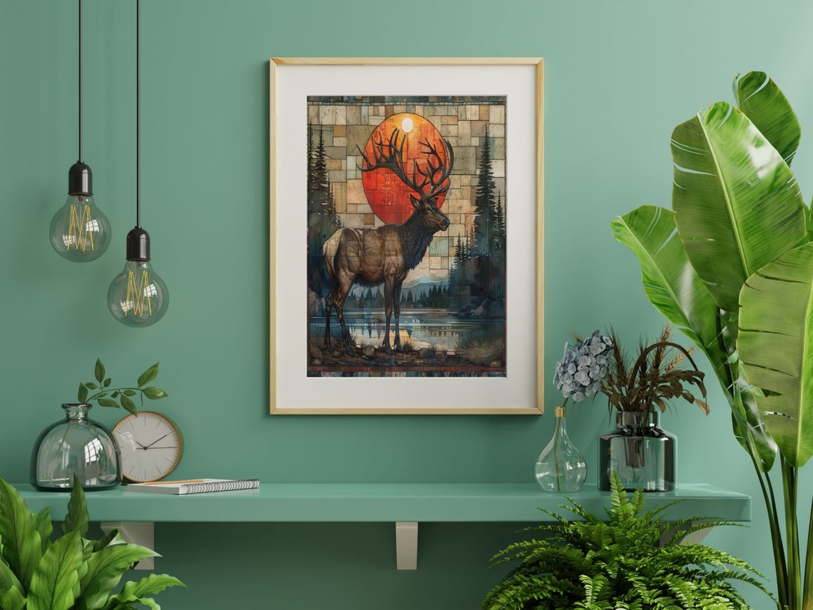 Dramatic Art Deco Elk Red Sunset Mosaic Forest Wildlife Wall Art - Image 2