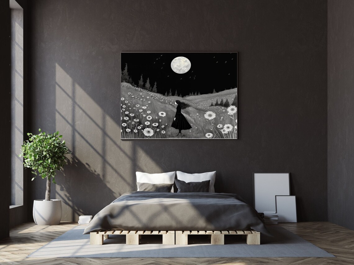 Girl in Black Dress in Moonlit Daisy Meadow Black and White Poster - Image 5