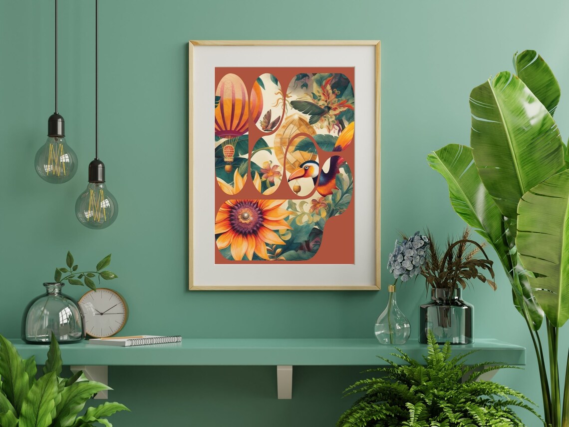 Surreal Tropical Jungle Toucan and Hot Air Balloon Collage Art Poster - Image 3