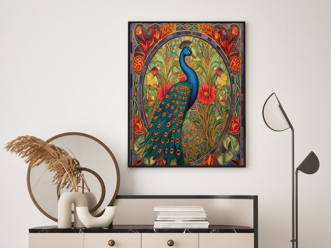 Blue Peacock With Red Blooms Stained Glass Style Scene Wall Art - Image 6