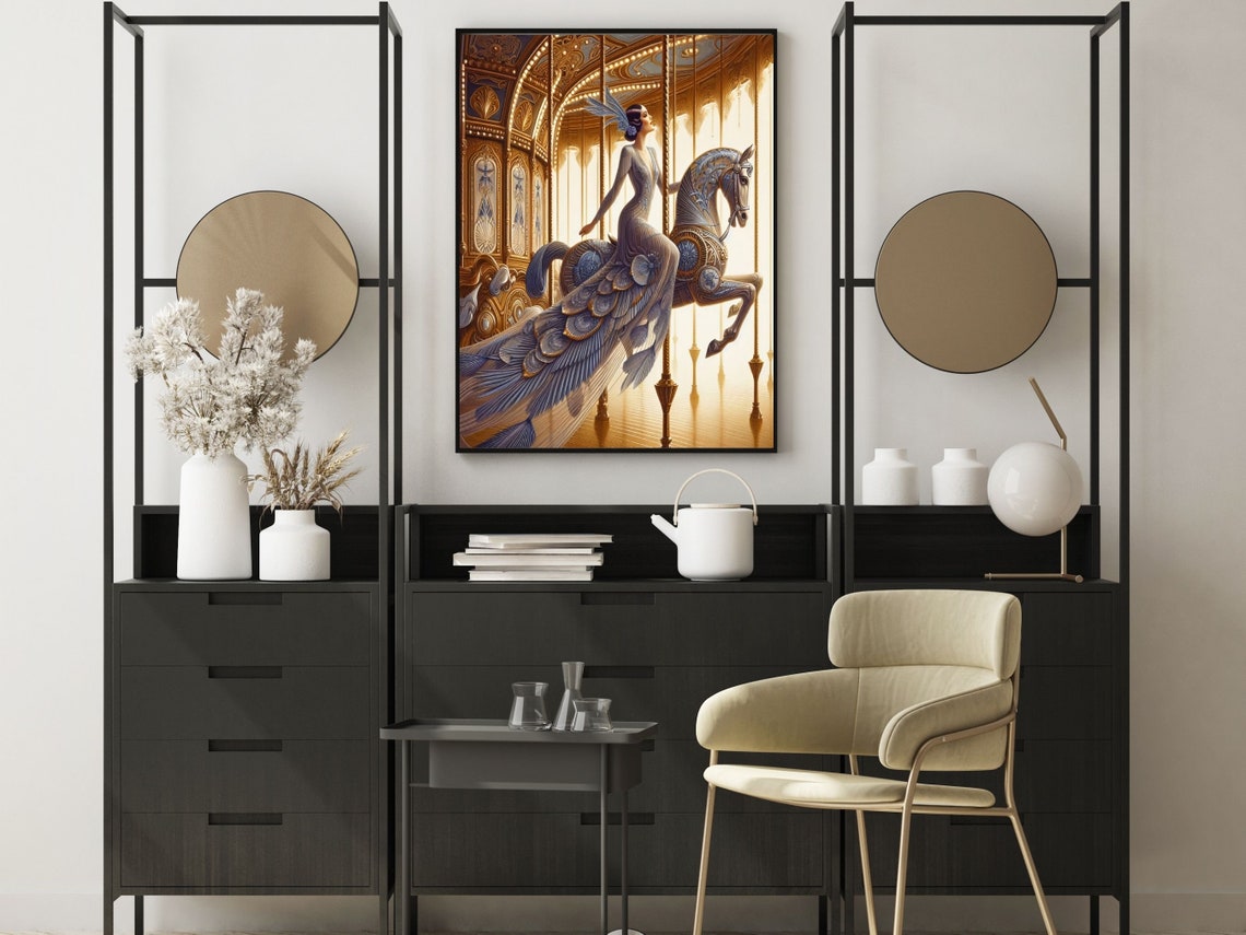 Art Nouveau Woman On A Carousel Horse Wall Art Erte Fancy Gown Art Woman In A Ball Gown On A Carousel Horse - Image 4