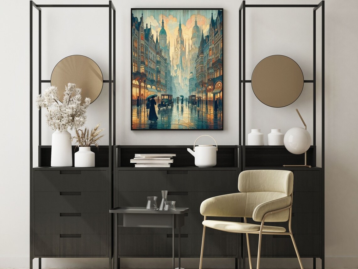 Art Nouveau Gothic City In The Rain With Three Spires Street Poster - Image 2