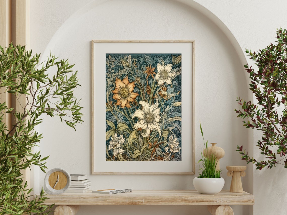 William Morris Style Cream Lilies Botanical Floral Design Wall Art - Image 4