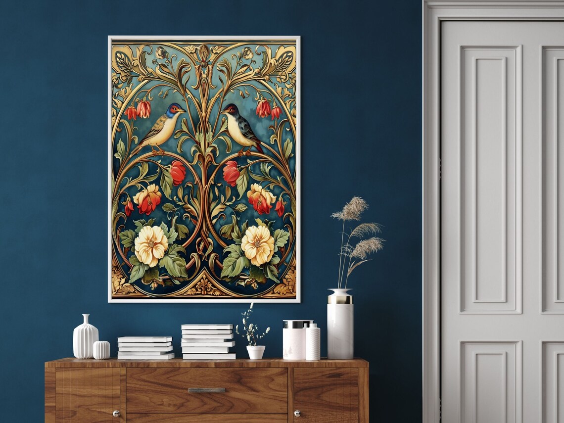 Art Nouveau Symmetric Birds And Flowers Panel Design Wall Art - Image 4
