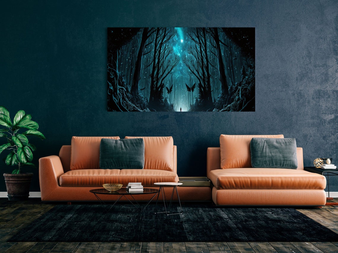 Starry Night Fantasy Forest Wall Art Woods Print With Stars And Night Sky Horizontal Landscape Forest Decor - Image 4