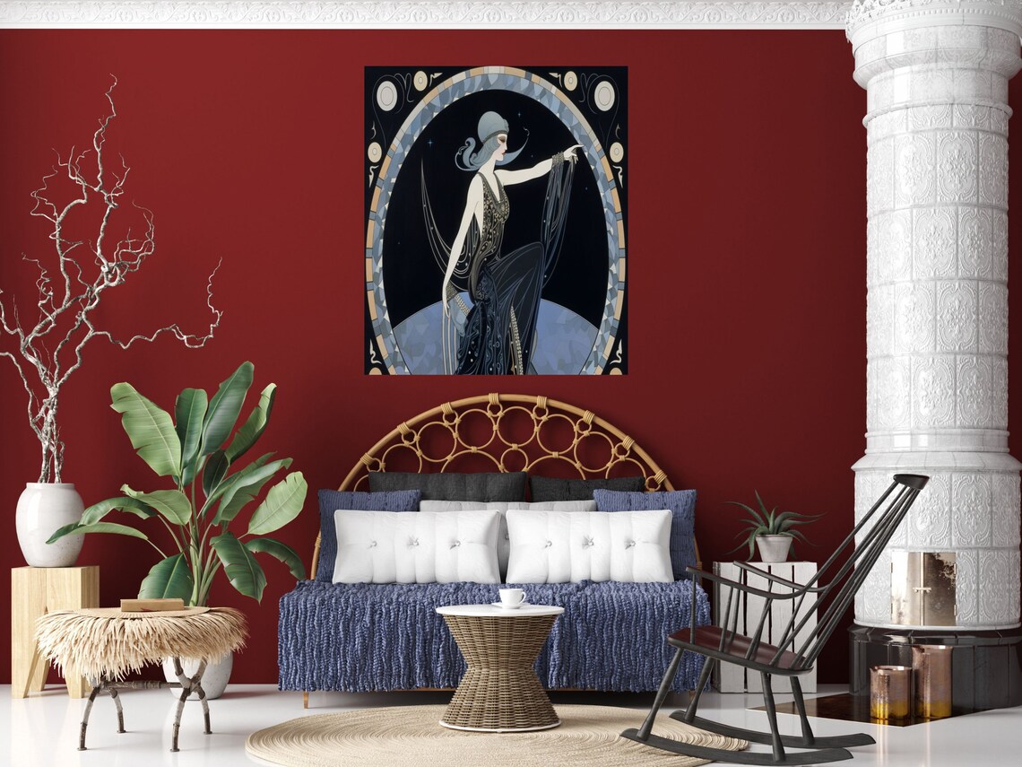 Art Deco Blue Night Sketch Woman In Black Gown Moon Circle Poster - Image 4