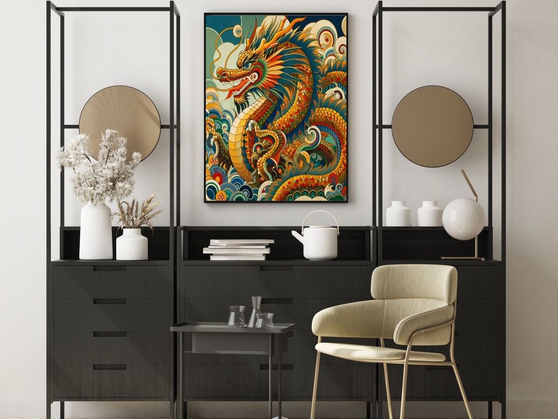 Chinese Dragon Coiled Among Ocean Waves And Clouds Scene Wall Art - Image 4