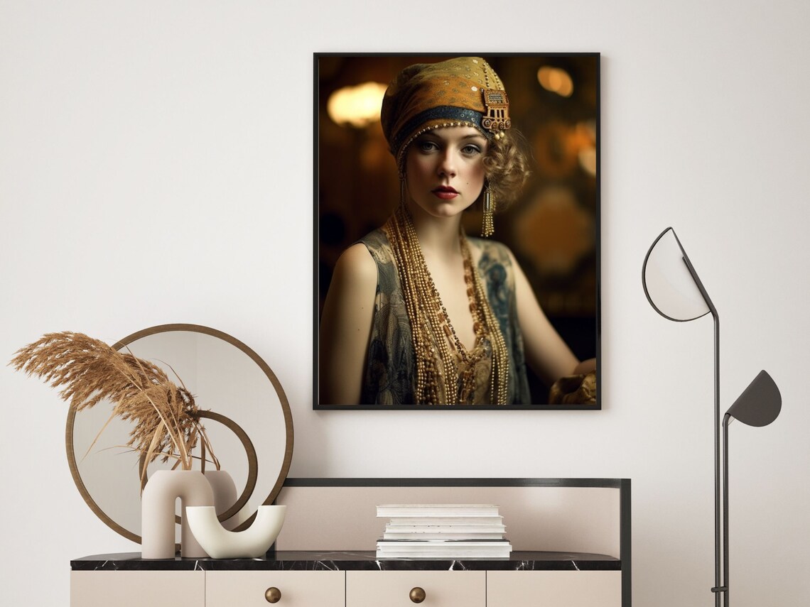 1920s Flapper Woman In Gold Beaded Headscarf And Pearls Art Deco Print - Image 6