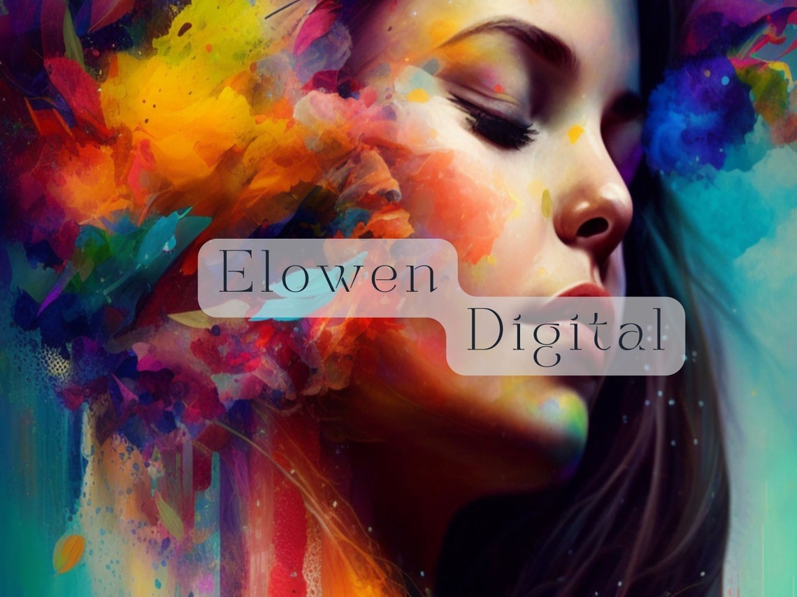 Serene Woman Portrait In Explosive Rainbow Color Paint Splash Wall Art - Image 4