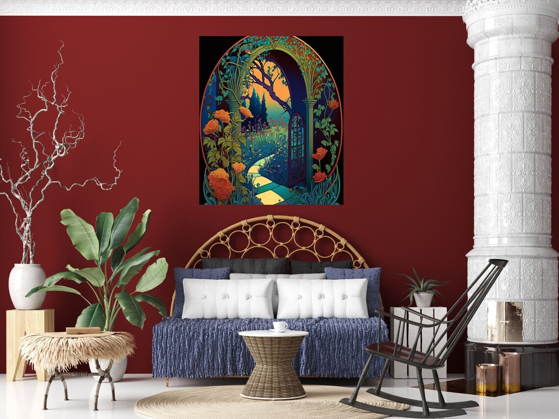 Art Nouveau Sunset Garden Arch Poppy Path Stained Glass Poster - Image 3