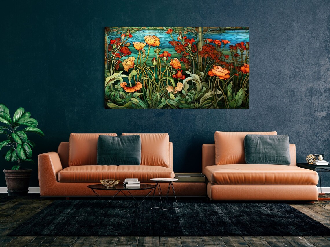 Stained Glass Poppy Field Orange Red Flowers Pond Floral Poster - Image 3