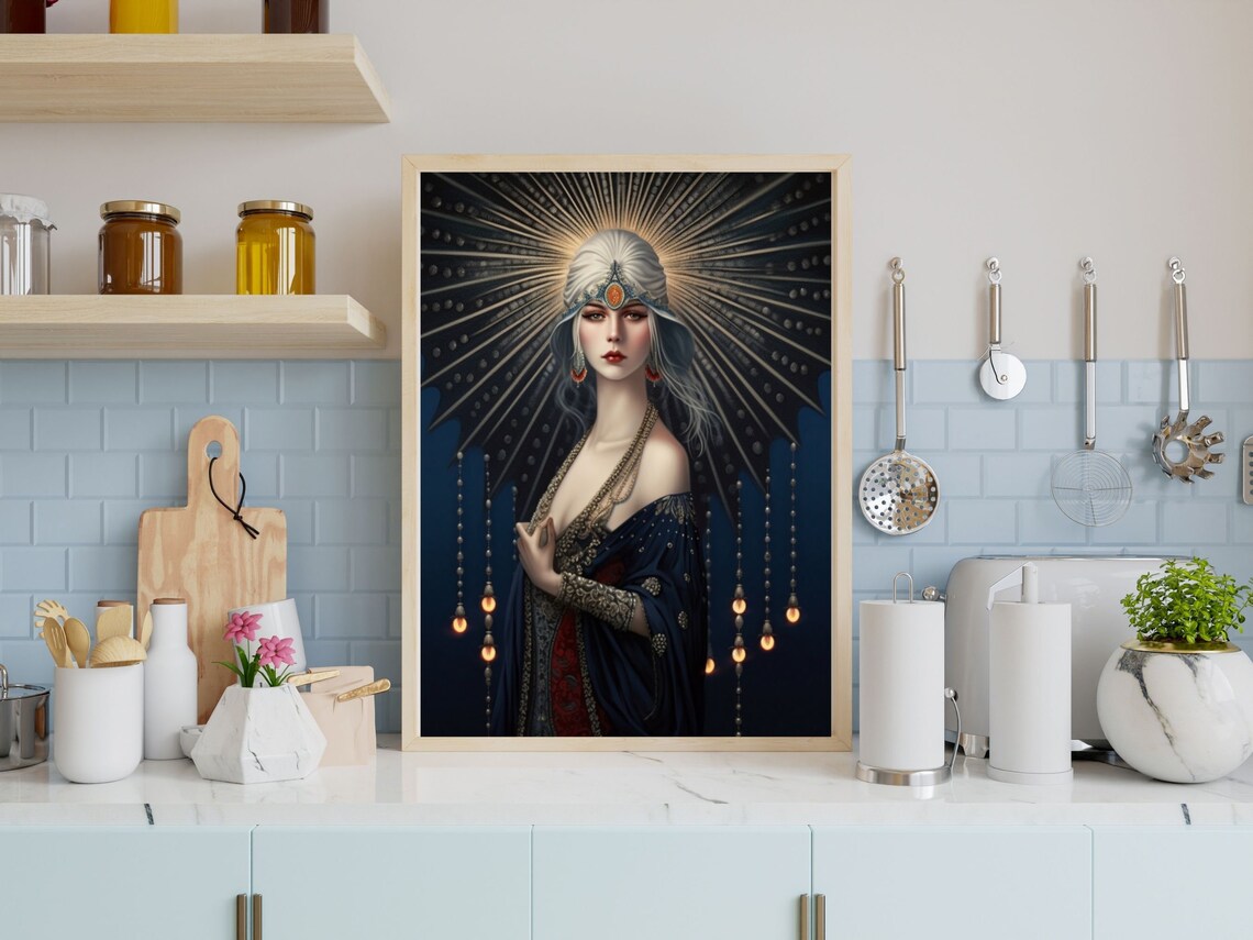Erté Style Art Deco Lady in Midnight Blue with Golden Sunburst Poster - Image 3