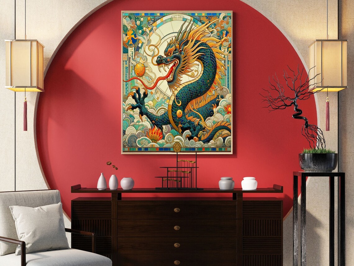 Art Deco Teal Chinese Dragon With Flaming Pearl Scene Wall Art - Image 4