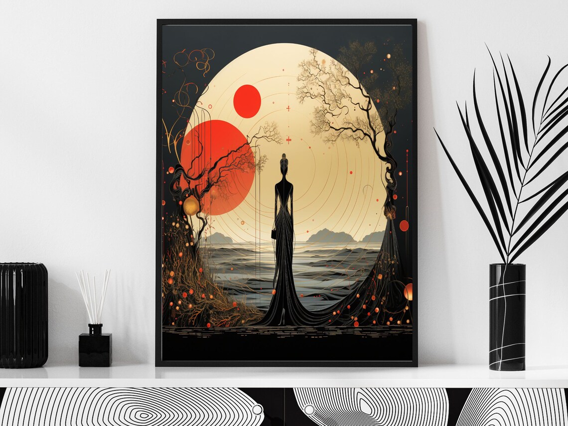Art Nouveau Silhouette Woman Before Red Sun And Moonlight Poster - Image 4
