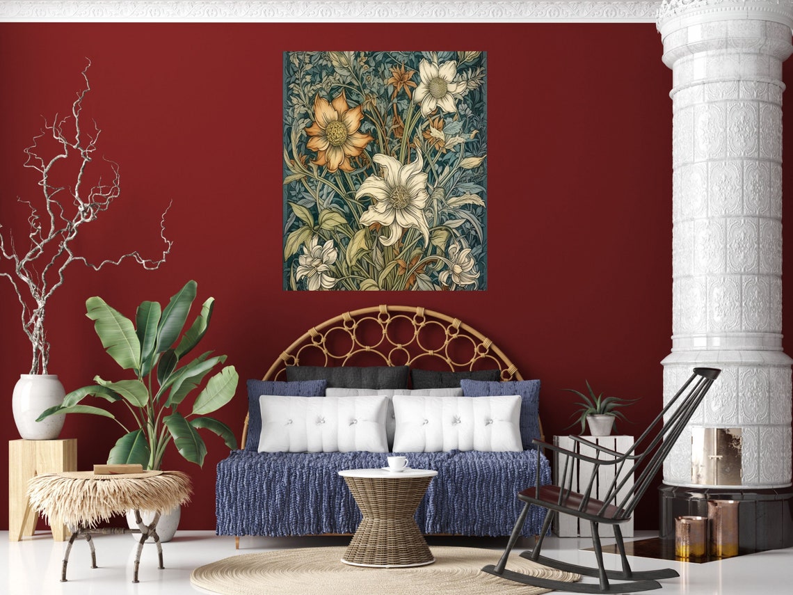 William Morris Style Cream Lilies Botanical Floral Design Wall Art - Image 3