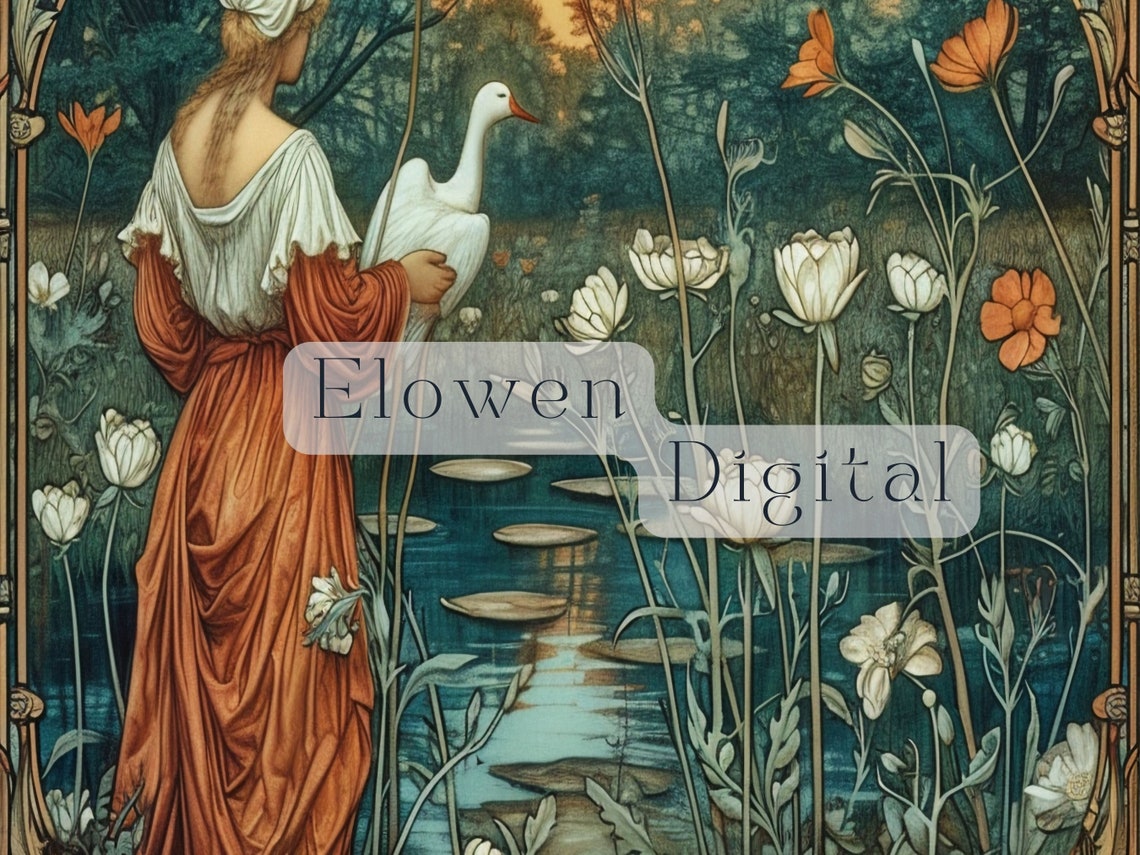 Art Nouveau Wall Art Of Woman And Goose Poster Of Art Nouveau Pond Large Wall Art Nouveau Print - Image 3