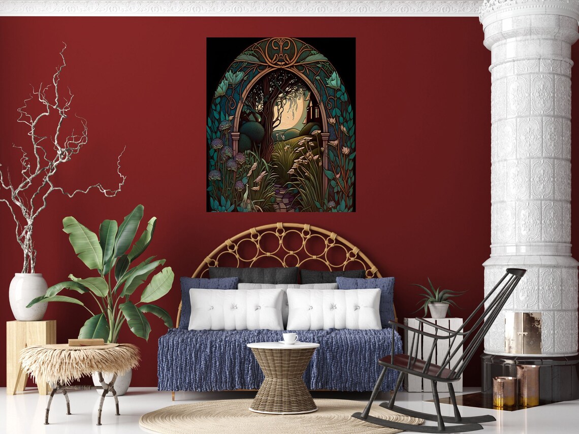Art Nouveau Moonlit Garden Arch Willow Tree Night Garden Wall Art - Image 3