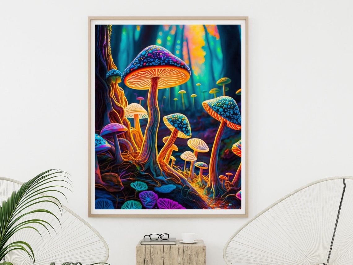Neon Psychedelic Mushroom Forest With Glowing Blue Spotted Caps Poster - Image 4