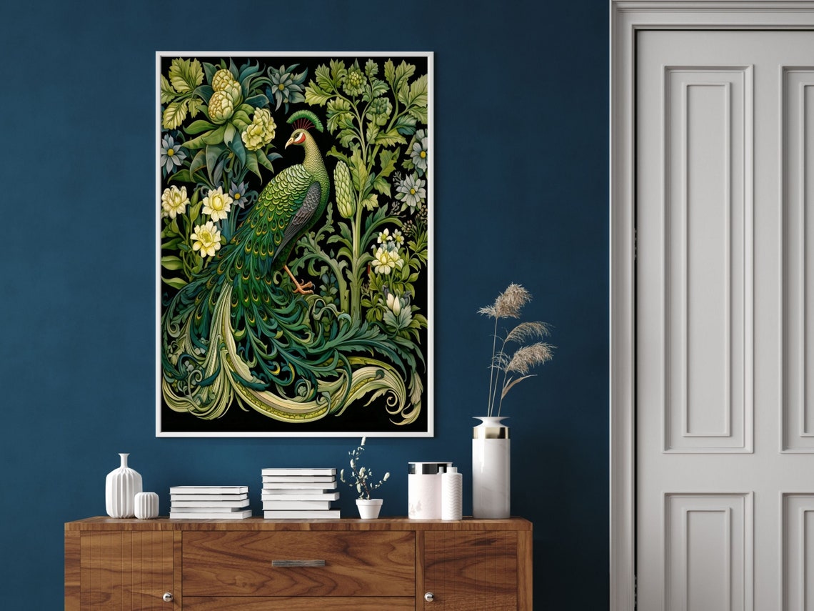 William Morris Style Peacock Emerald Garden Black Ground Wall Art - Image 2