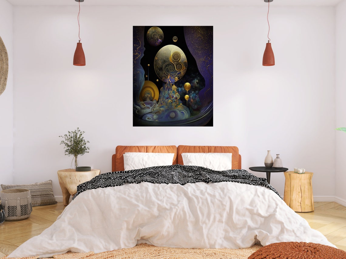 Indigo And Gold Abstract Space Art With Planets And Nebula Poster - Image 5