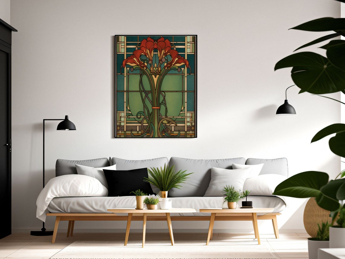 Art Deco Red Lilies in Stained-Glass Style Botanical Window Poster - Image 2