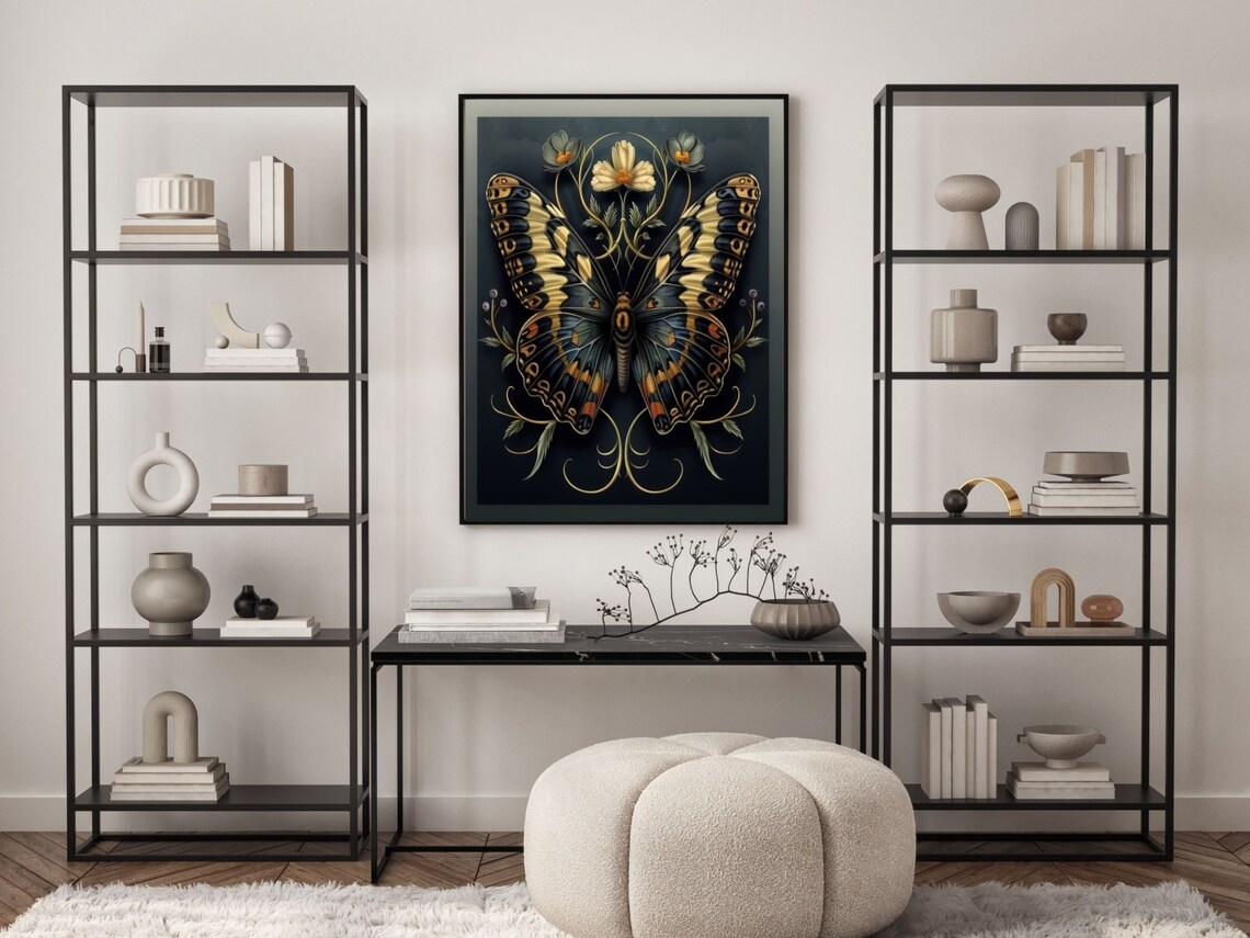 Dark Academia Swallowtail Butterfly With Flowers On Black Poster - Image 4