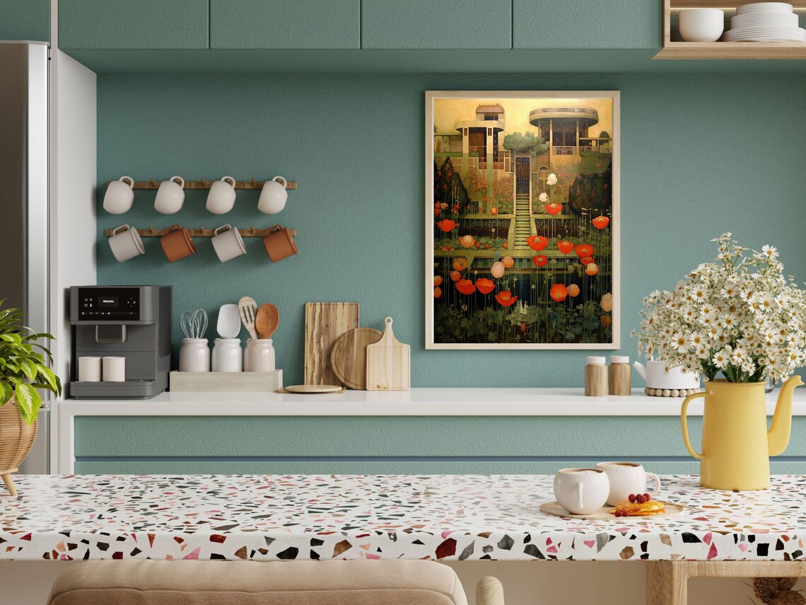 Art Deco Villa with Red Poppy Flower Garden Architectural Art Poster - Image 2