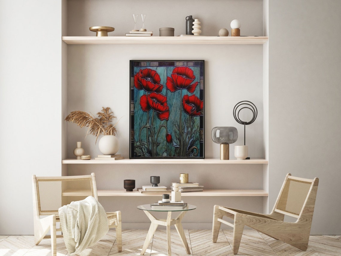 Vivid Art Nouveau Red Poppies Teal Stained Glass Botanical Poster - Image 2