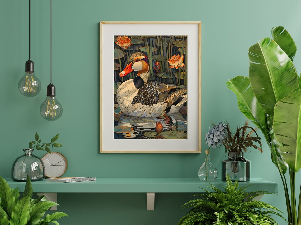 Elegant Art Deco Duck Pond Lotus Flowers Vintage Wildlife Poster - Image 2