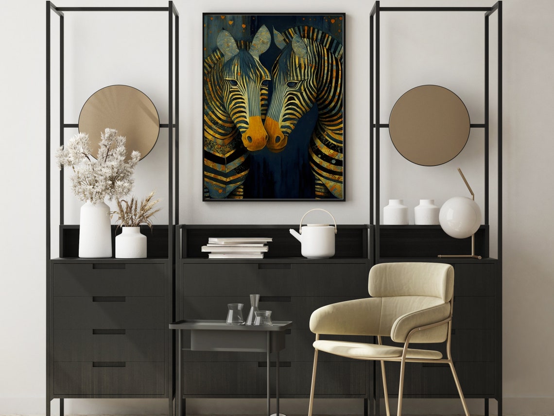 Art Deco Golden Zebra Pair Touching Heads on Midnight Poster - Image 3