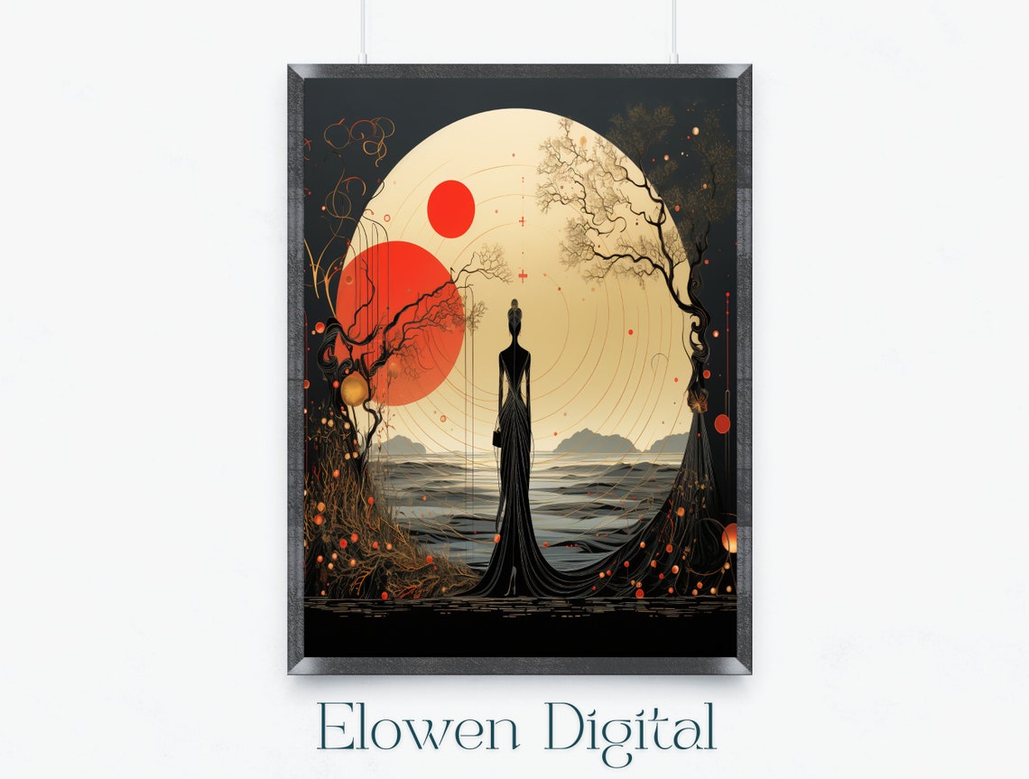 Art Nouveau Silhouette Woman Before Red Sun And Moonlight Poster