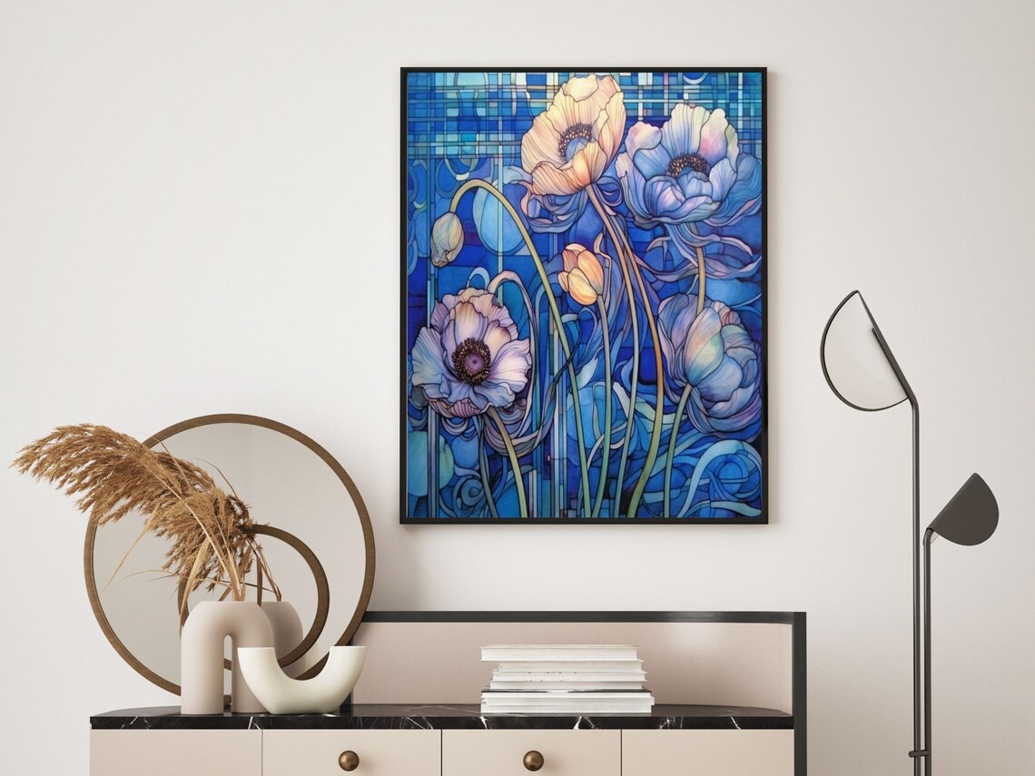 Art Nouveau Blue Poppies Stained Glass Style Floral Wall Art - Image 6