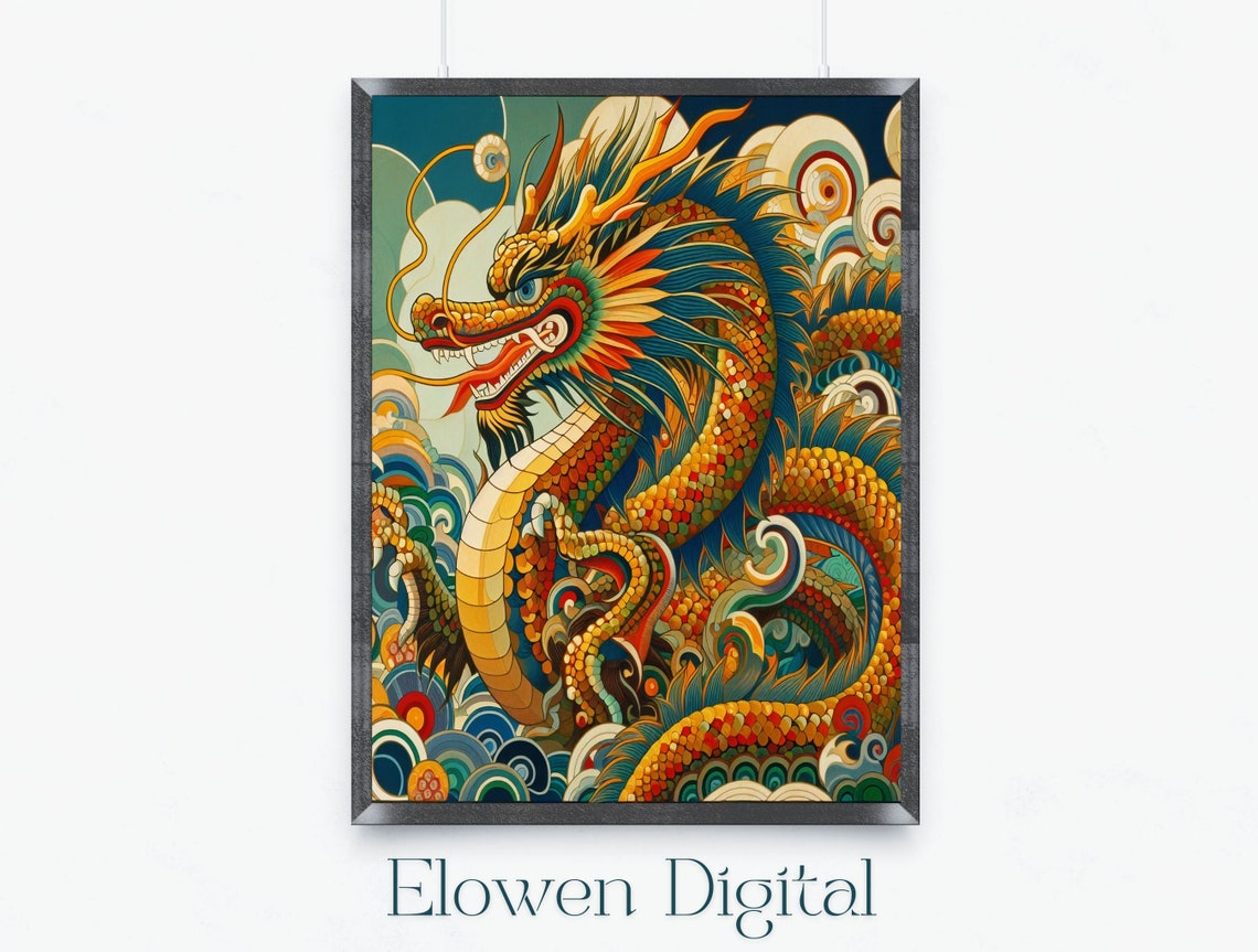 Chinese Dragon Coiled Among Ocean Waves And Clouds Scene Wall Art