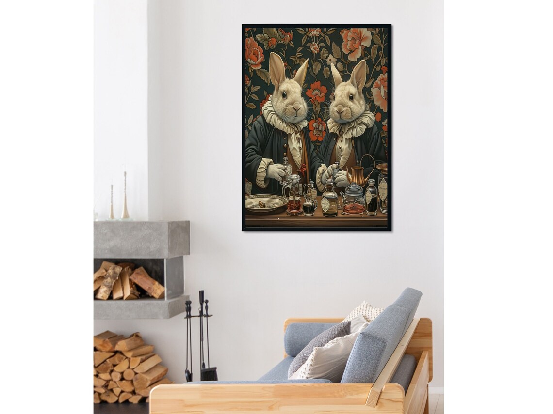 Two Apothecary Rabbits Behind A Counter Of Glass Remedy Bottles Wall Art - Image 3