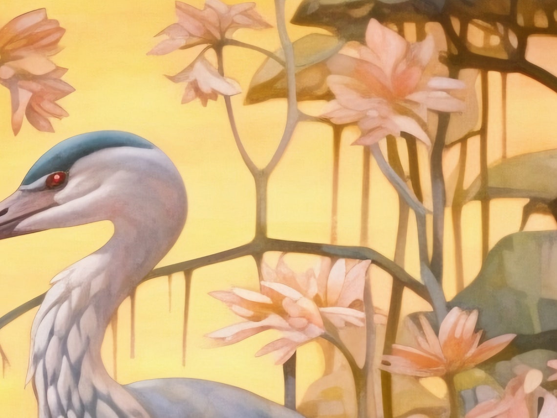 Two Herons Among Golden Blossoms at Sunset Wildlife Art Poster - Image 3