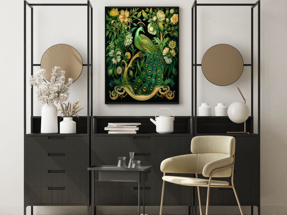 Peacock White Flowers Morris Style Botanical Garden Art Poster - Image 5