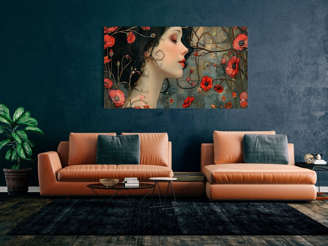 Art Nouveau Woman with Red Poppies Profile Botanical Wall Poster - Image 4