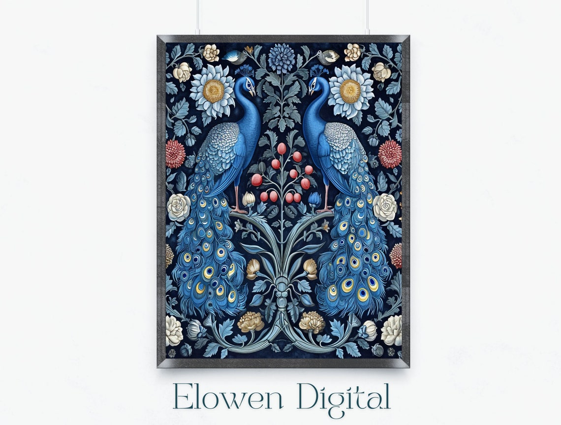 Pair Of Blue Peacocks In Floral Symmetry Dark Navy Scene Wall Art