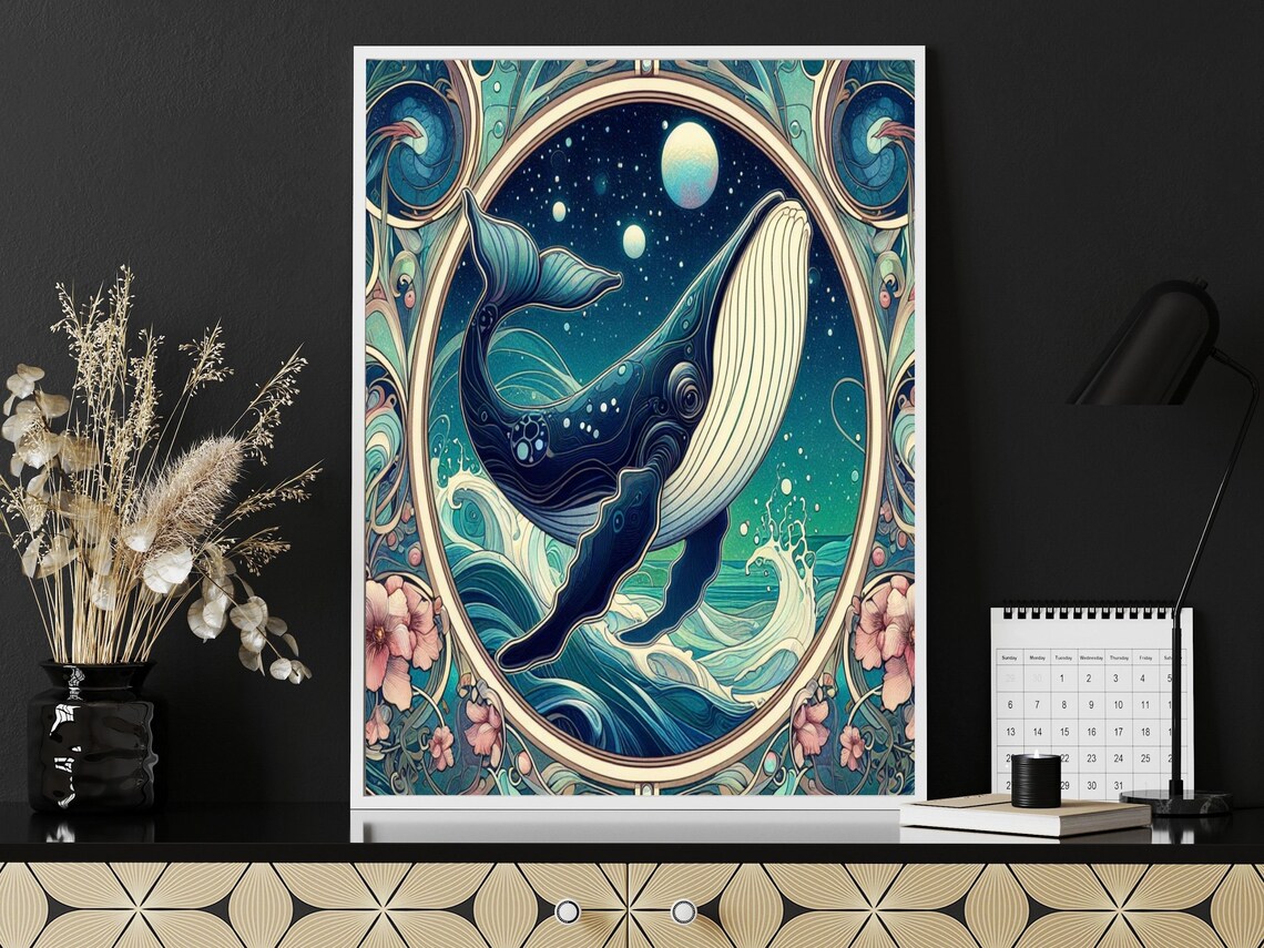 Art Nouveau Humpback Whale Moonlit Ocean Night Blue Sea Wall Art