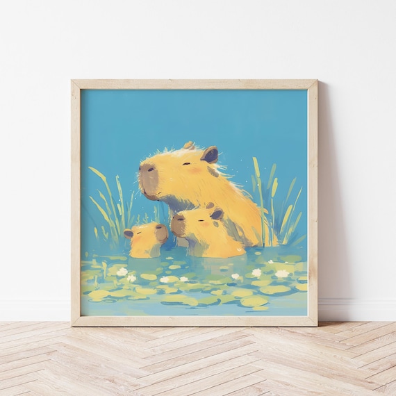 Cute Capybara Bathing Art Print, Family Animal Decor