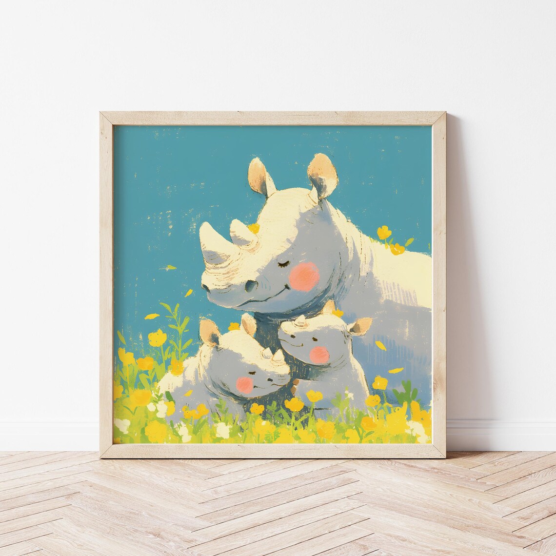 Rhino Mom With Two Calves In Flower Meadow Sweet Nursery Wall Art