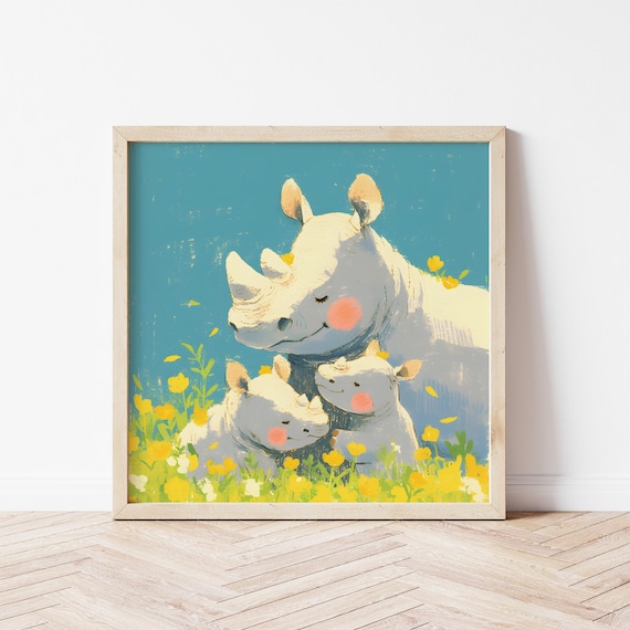 Rhino Mom With Two Calves In Flower Meadow Sweet Nursery Wall Art