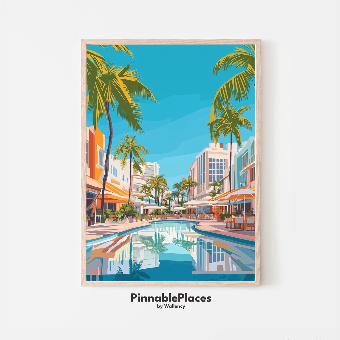 Miami Poolside Art Print Tropical Palm Trees Illustration File