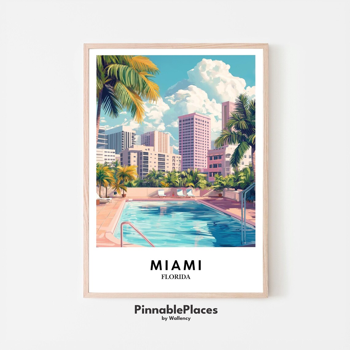 Miami Florida Sunny Rooftop Pool Palm Trees Vintage Travel Poster