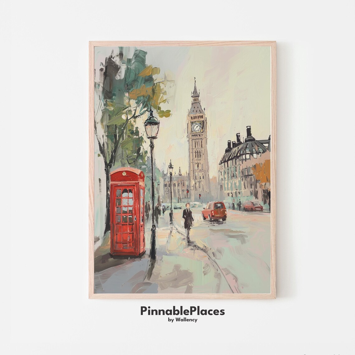 London Big Ben Red Telephone Booth Street Watercolor Scene Poster