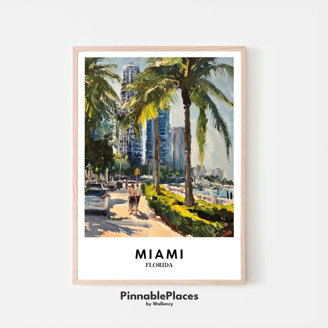 Miami Florida Sunny Street Palm Trees Towers Oil Painting Travel Poster